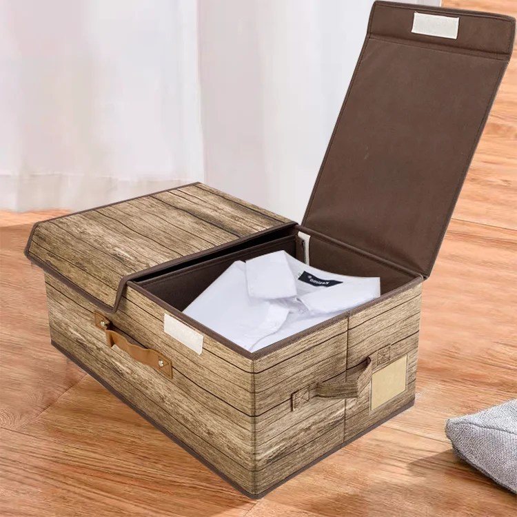 Customized Foldable Wood Pattern Storage Box Multifunctional Household Organizer Lid Environmental Protection Clothes Storage