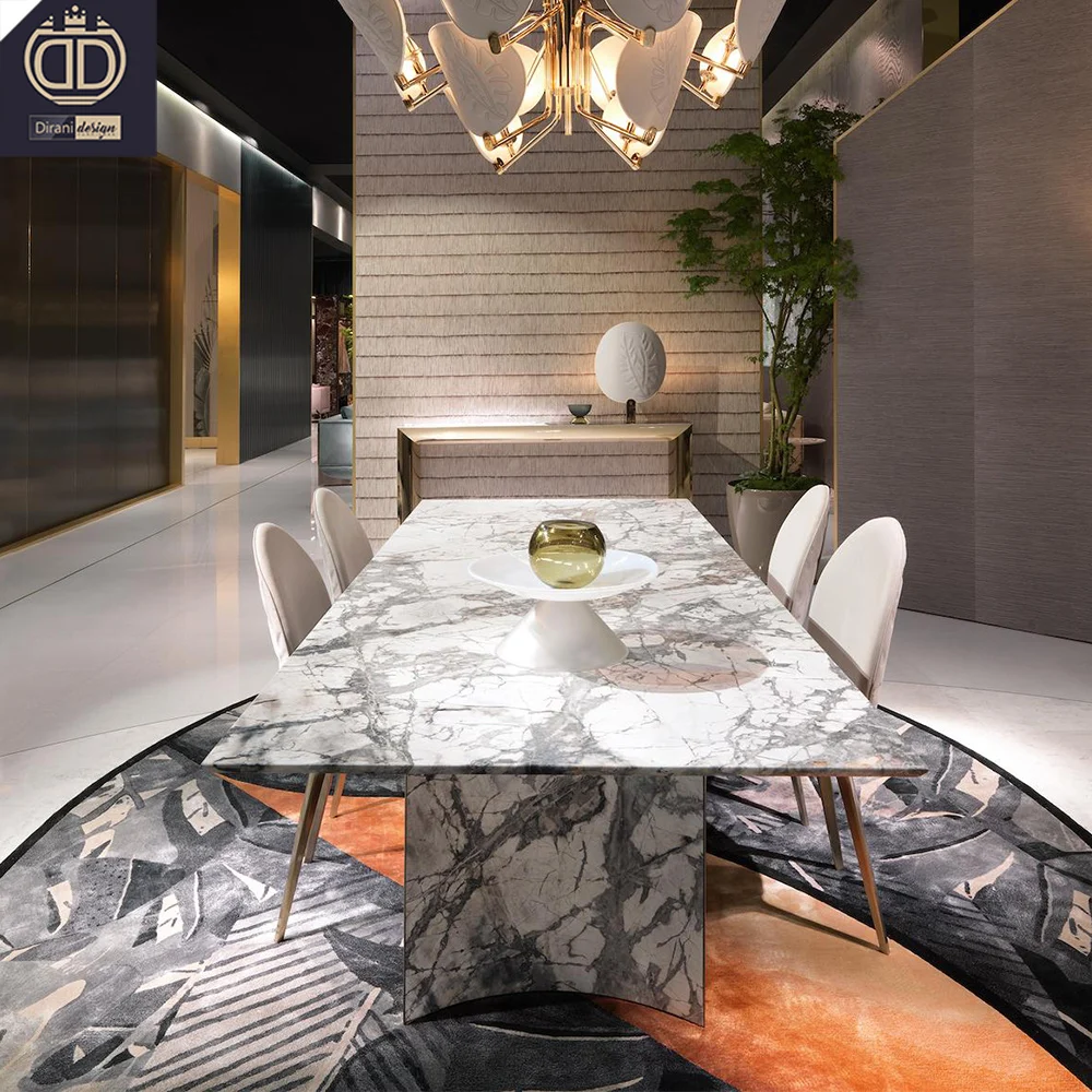 luxury Italian design modern gloss white dining table set gold marble white dining table