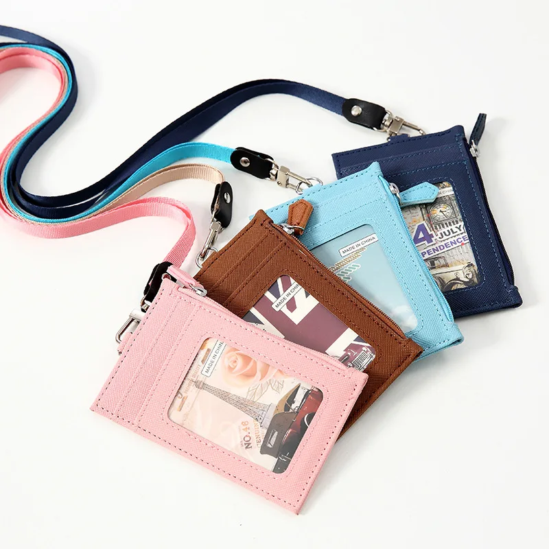 PU Card Holder Wallet 5 Card Slots Coin Purse RFID Blocking Slim Wallet Credit Card Holder With Lanyard