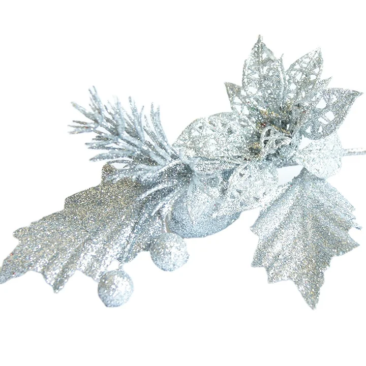 Christmas Tree Flower Decoration Ornaments Artificial Glitter Poinsettia Five Flowers in One Branch for Xmas