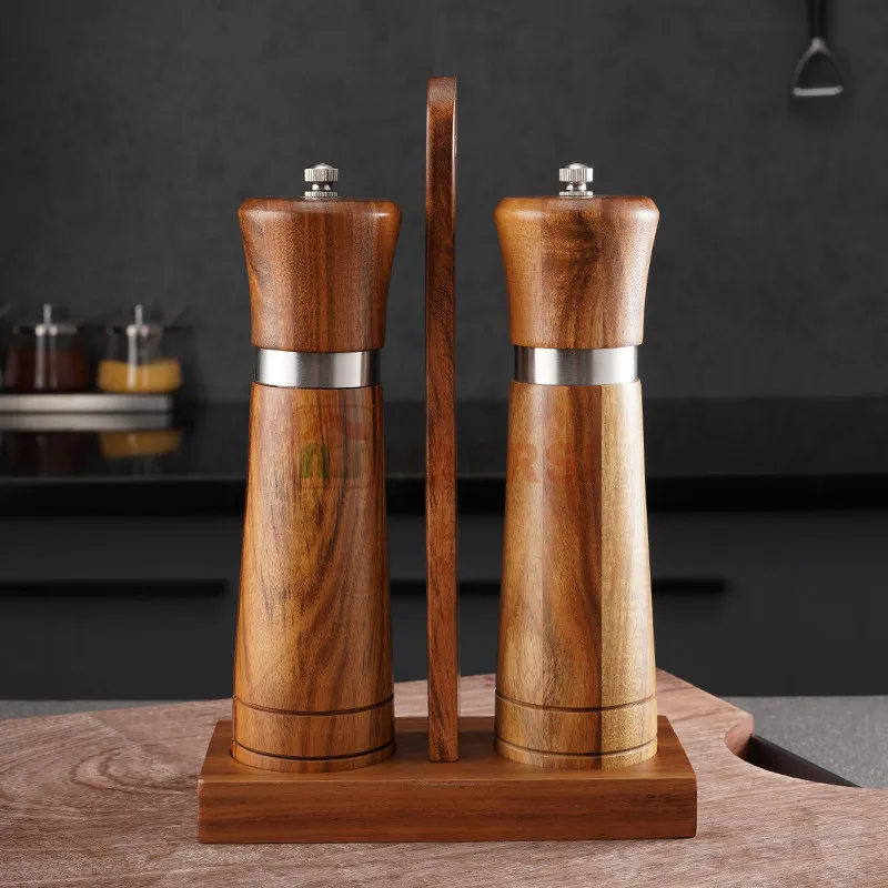Hot Selling bottle acacia wood manual pepper grinder shakers pepper mill salt and pepper grinder set with base