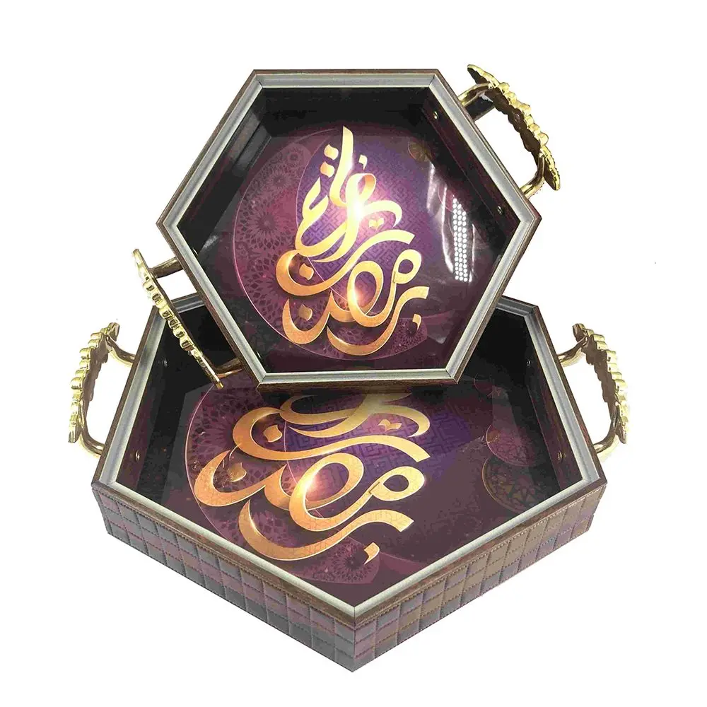 Superwin Fast Custom 2Pcs Eid Mubarak Tray Ramadan Decorations Food Wood Serving Ramadan Tray with Handle