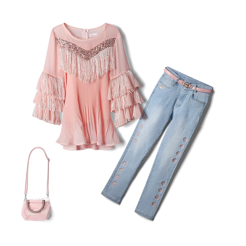 High Quality Kids Clothes 4 To 12 Years Old Wholesale Fashion Children Clothing Sets Jeans two Piece Sets Girls Clothing Sets