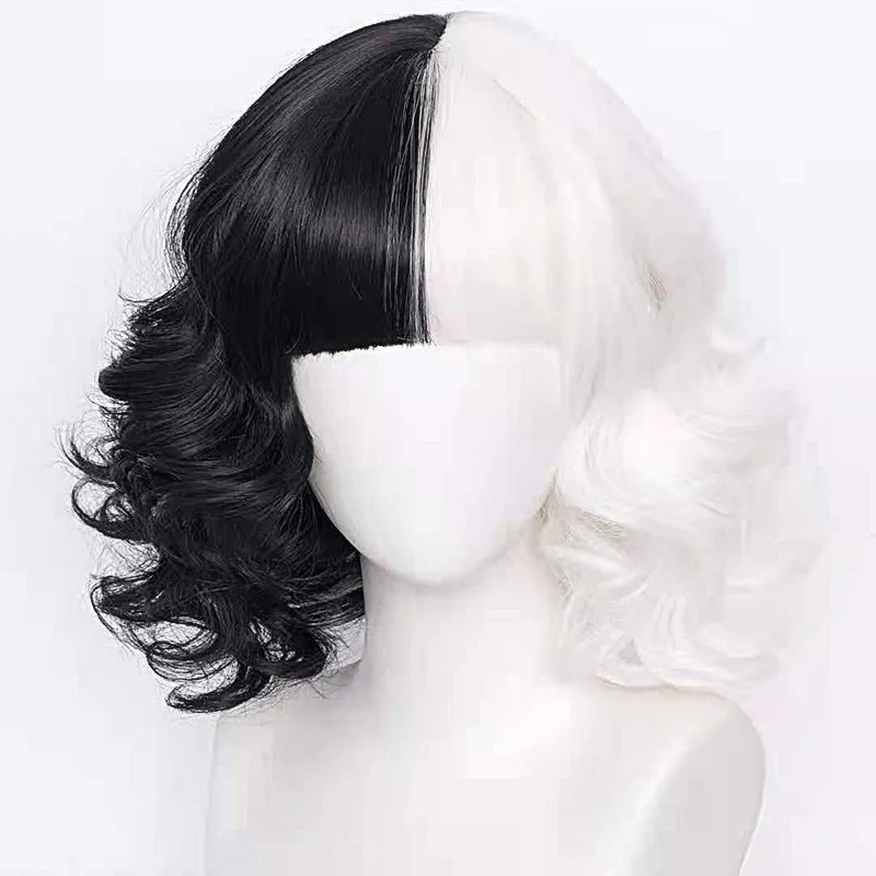 Cruella De Vil Cosplay Wig Short Fluffy Wavy Half Black and White Wigs Synthetic Hair for Halloween Short Bob Wavy