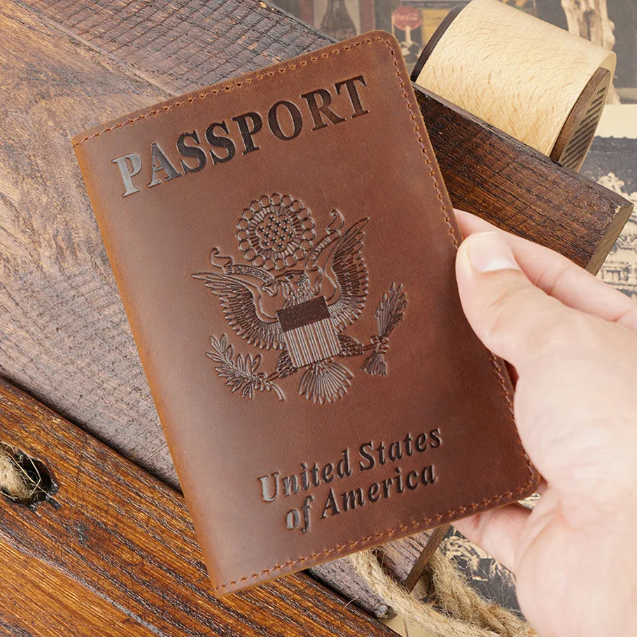 Full Grain Cowhide Leather Passport Cowhide Crazy Horse Genuine Leather Travel Wallet Case Passport National Emblem Cover Holder