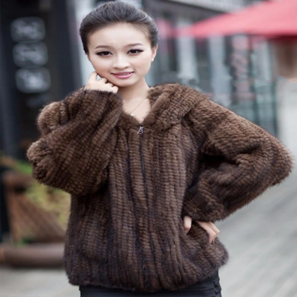2024 Winter Women Knit Mink Fur Coat With Hood Classic Design Fashionable Knitted Mink Fur Jacket