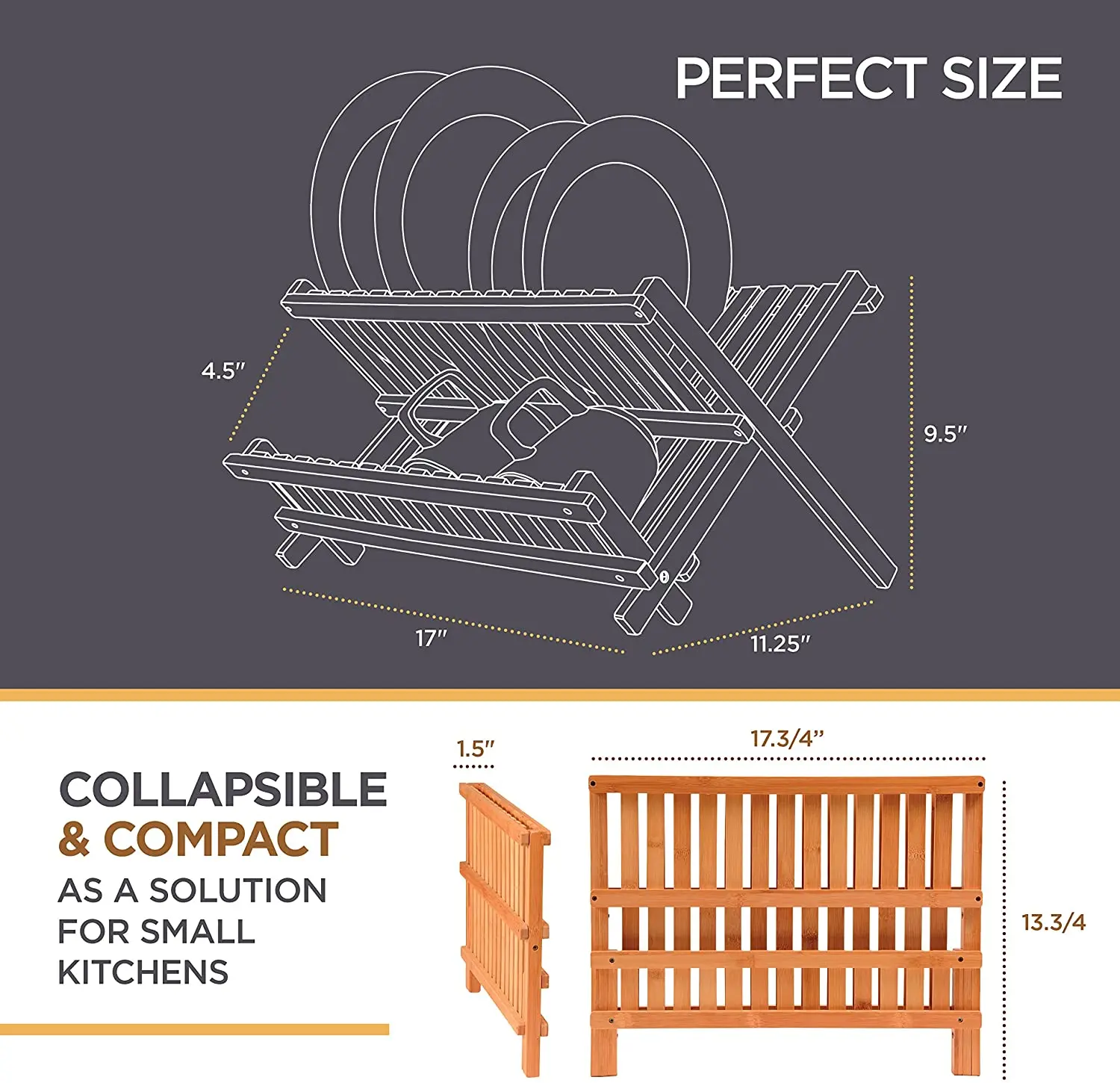 Bamboo 2-Tier Kitchen Plate Rack Collapsible Dish Drying Rack for Kitchen Countertop