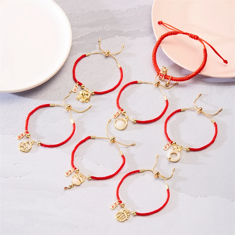 18k Gold Plated Chinese Zodiac Animal Bracelet Red Dragon Rope Braided for Wedding Christian Religious Symbol of Year Dragon