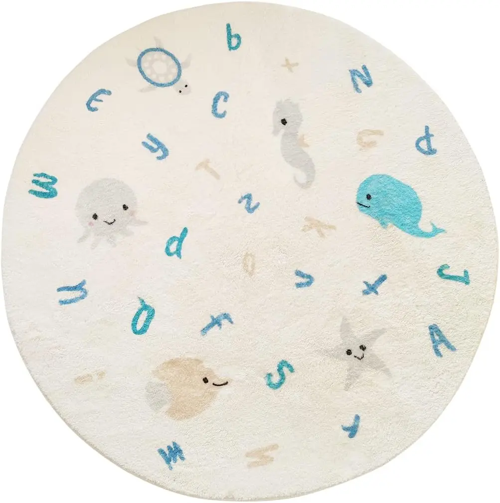Kid Rugs Animal Play Rug Large Round Lion Play Mat Soft Alphabet Educational Area Rug Nonslip Circle Baby Crawling Mat for Boys