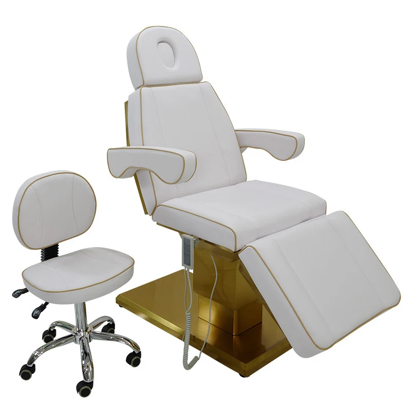 High Quality Beauty Bed Chair  Beauty Salon Furniture Gold Base Three Motors Massage Bed Electric Adjustment Lash Bed For Sale