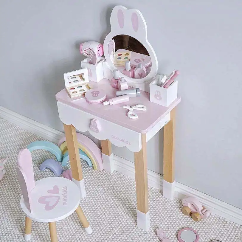 Kids Simulation Wooden Pretend Play Make Up Game Girls Dressing Table Toys