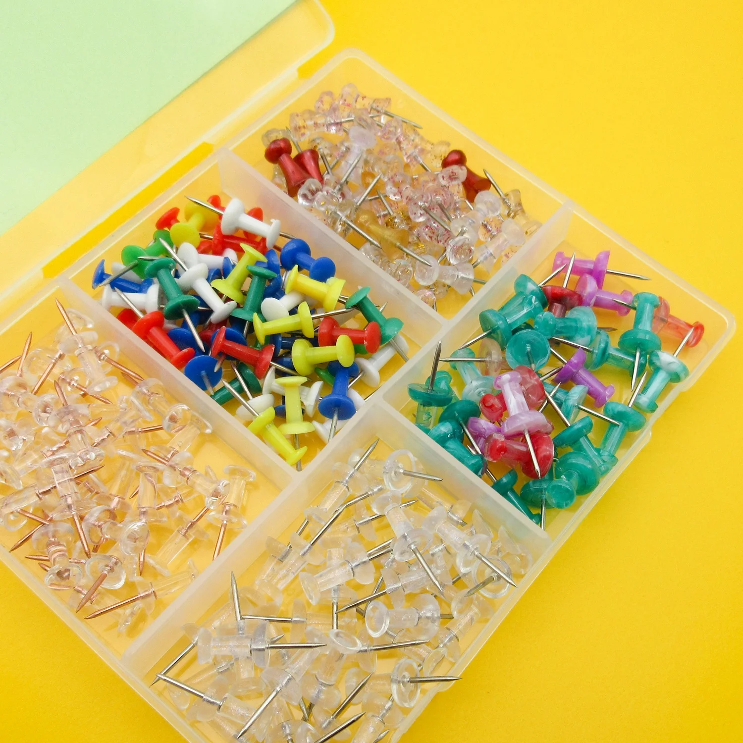 Various shapes and colors office plastic novelty golden rose colorful push pins and thumb tacks box packing for home daily used