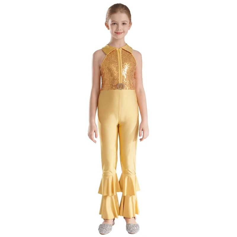 6-14 Latin Performance Wear Dancewear Sleeveless Sequins Style Dance Leotards Jumpsuit Kids Girls Children Sequin Dance Costume