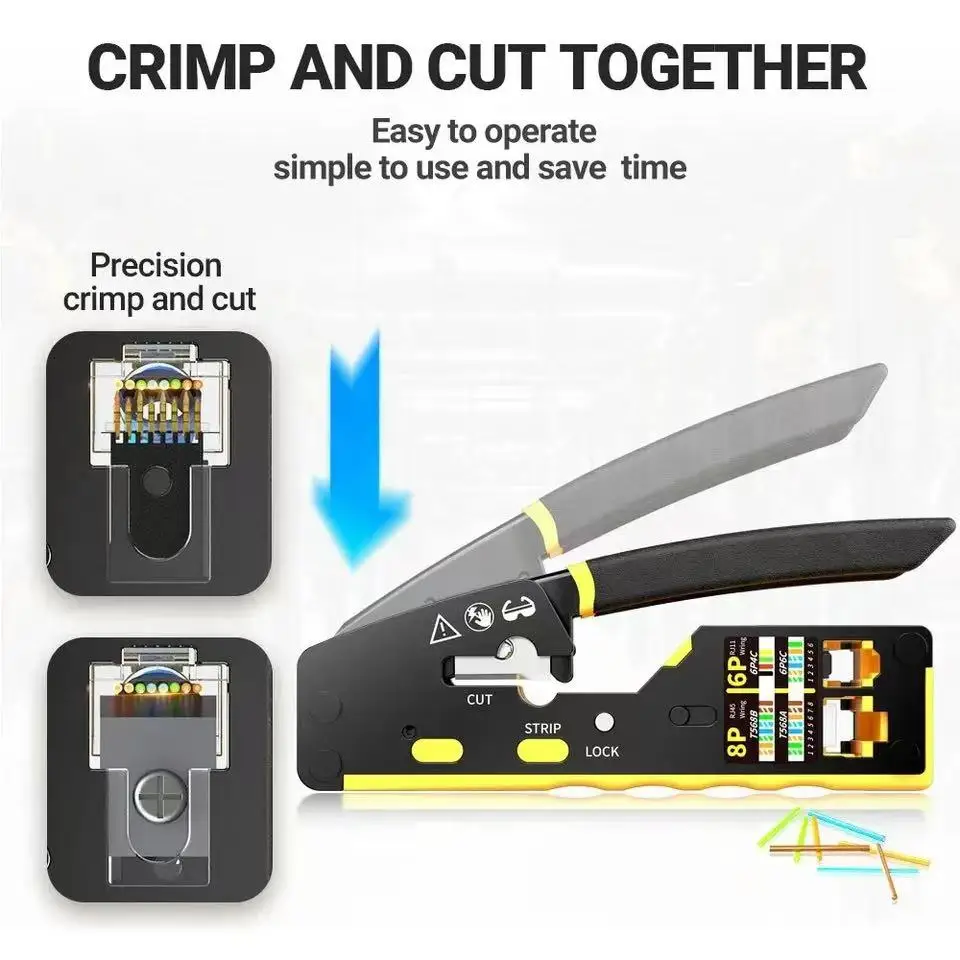 EZ-Type RJ45 Network Crimper - 3-in-1 Crimp/Cut/Strip Lan CAT8/7/6A/6/5E (STP/UTP) & RJ11/12 Tel Modular Cable (AM-6088)