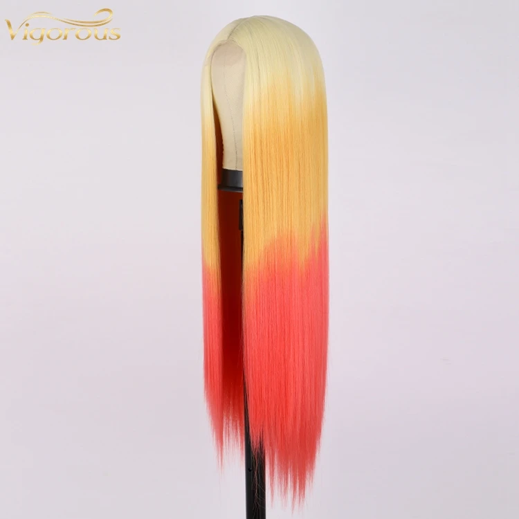 Middle Part Heat Resistant Fiber Long Straight Ombre Blonde Orange Yellow Synthetic Cosplay Wig for Women Natural Looking