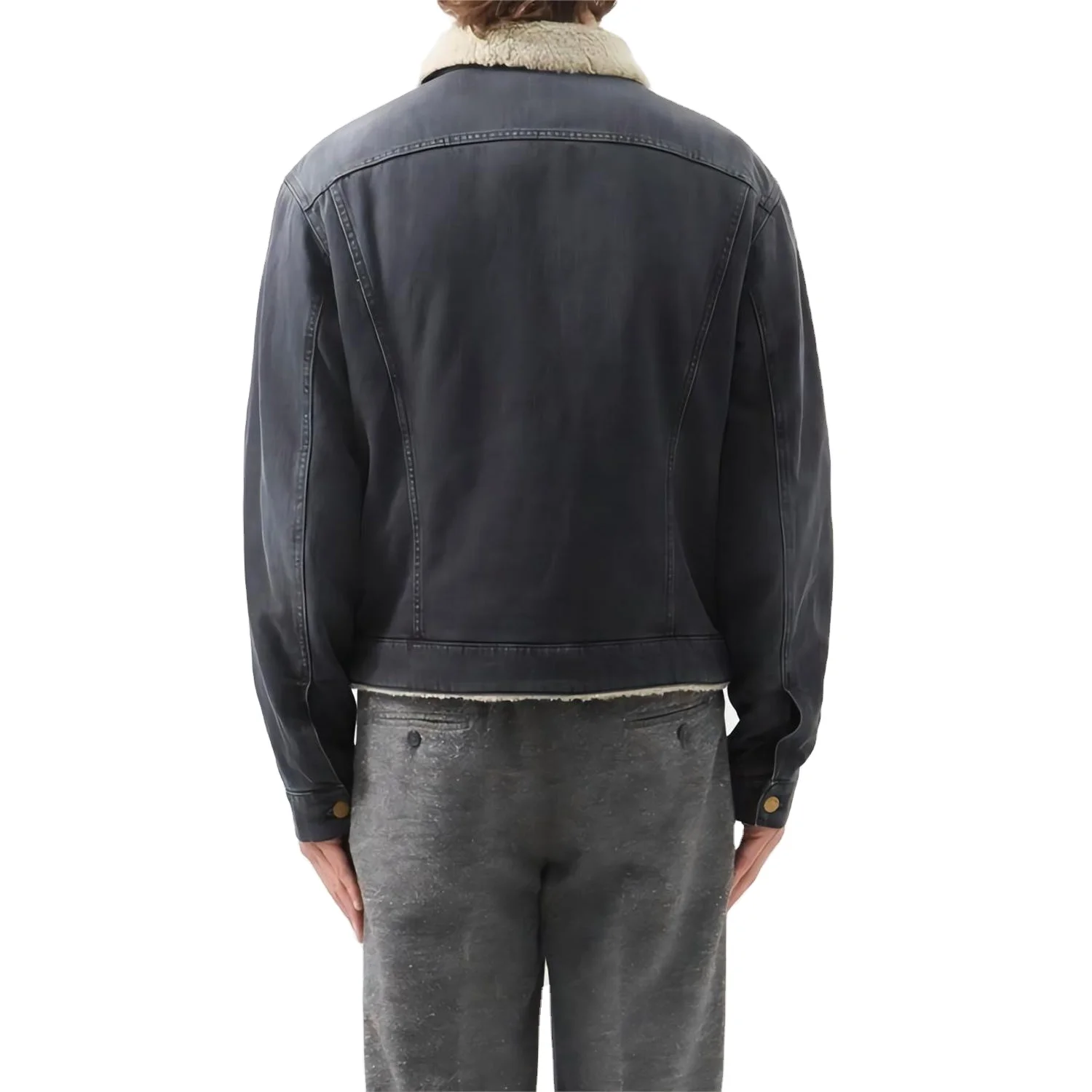 Men Autumn Winter Outwear Point-Collar Long Sleeve With Button Cuffs Closure Chest Pockets Denim Jean Jacket With Fleece Lining