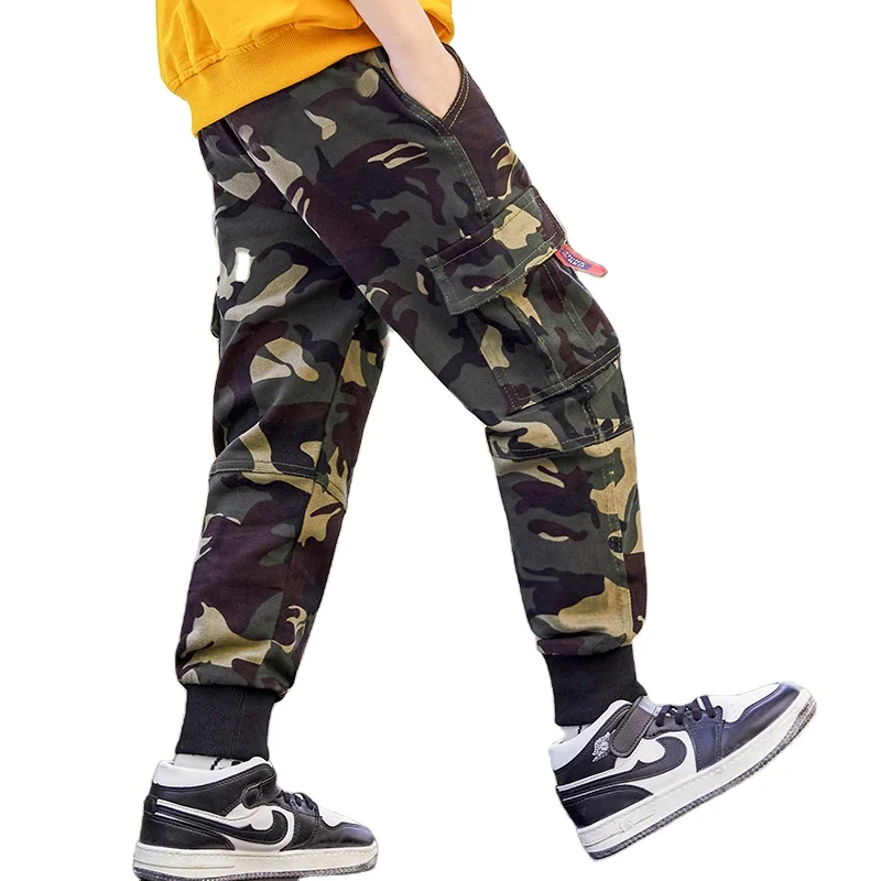 Factory price korean style printed Casual full length Stylish Camouflage kids boys pants cargo