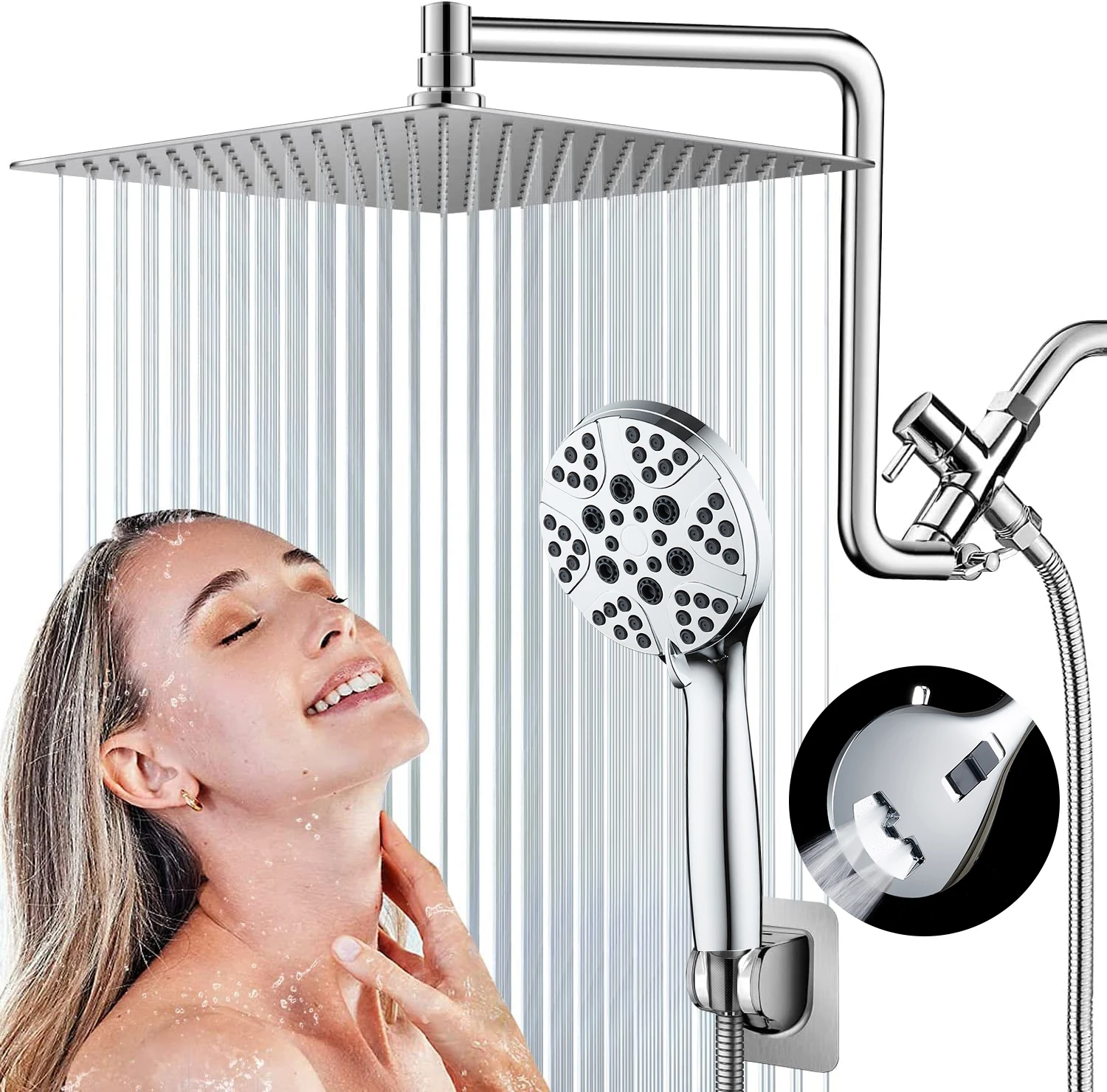 10' Dual Shower Head,Upgraded Rain Shower Head with 11' Adjustable Extension Arm and 6-Setting Handheld Shower Head Combo