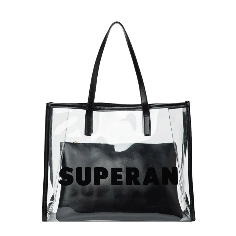 2024 New Shopping On Online Translucent Design 2 Piece Set Ladies Pvc Beach Transparent Jelly Tote Hand Bags Purse For Women Han