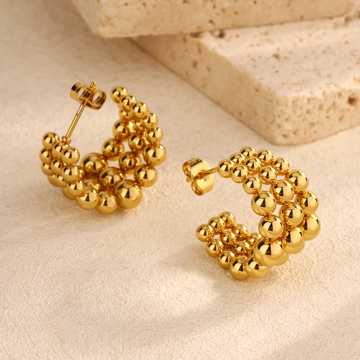 Hot Sales Wholesale C-type Semi-round Three-layer Steel Ball Splicing Stainless Steel Plated Gold Earrings