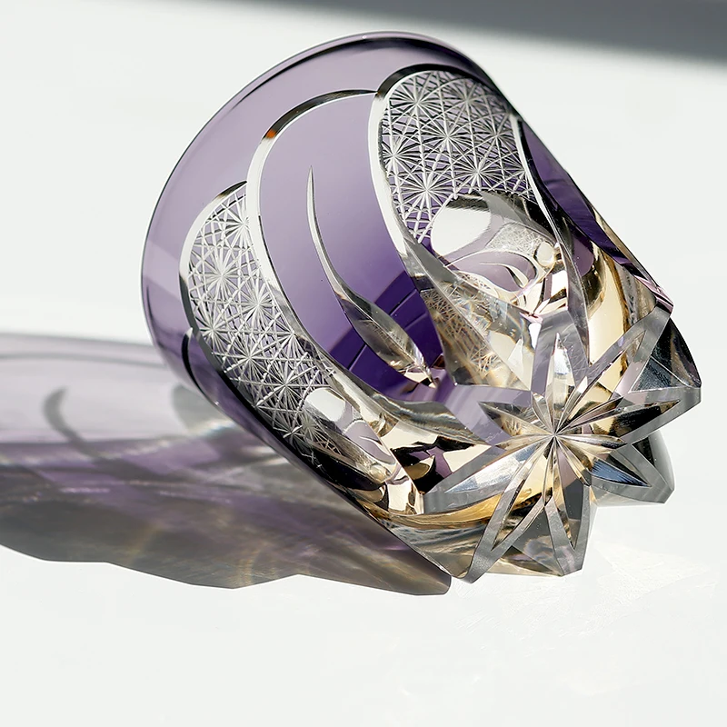 11 oz Hand Blown Colored Glass Whisky Tumbler Grey With Hand Carved Star Bottom Purple Old Fashioned Rock Glass express package