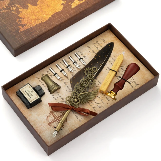 Antique Refillable Feather Quill Pen Calligraphy Writing Dip Pen Ink Set With Wax Stamp Sealing Wax