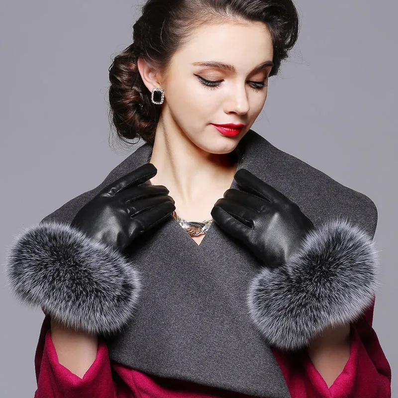 QIUCHEN QC21173 HOT SALE Fashion Winter Warm Genuine Sheepskin Motorcycle Leather Gloves With Real Fox Fur