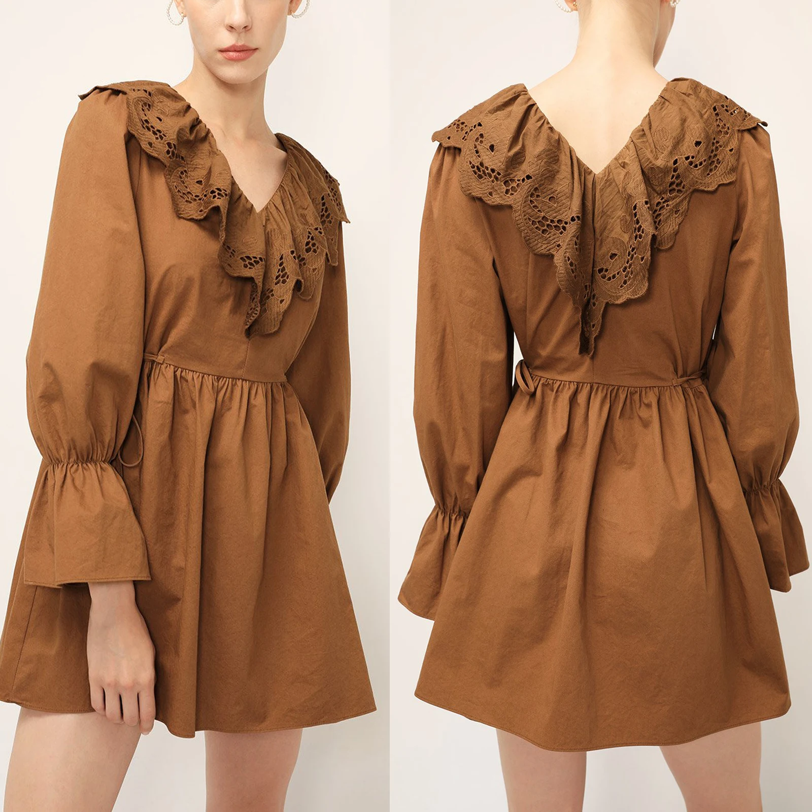 Fashionable Customized Manufacturing Puffed Sleeve Embroidered Lace Ruffle V Neck Casual Women Mini Dress