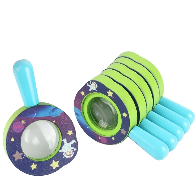 2024 novel toys creative Outdoor Exploration Learning Science Cartoon Handheld wooden magnifying glass for kids boys and girls