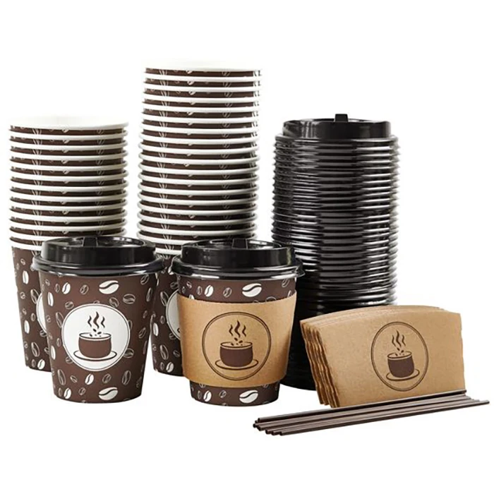 Biodegradable Disposable Coffee Paper Cup Single Double Ripple Wall Paper Coffee Shop Cafe Cups With Lids And Sleeve Straws