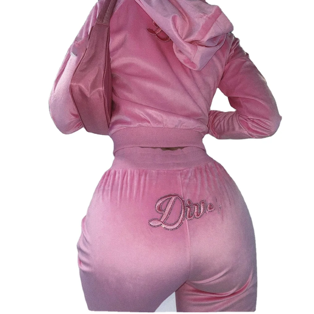Custom Rhinestone Embroidery Logo Two Pieces Set Tracksuit Pink Velour Hoodies Velvet Sweatsuit For Women