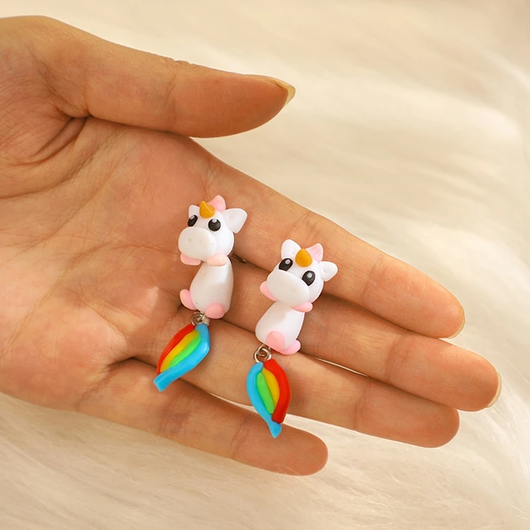 2020 New Arrival Polymer Clay Soft Ceramic Earrings Piercing Cute Cartoon Unicorn Earrings For Women