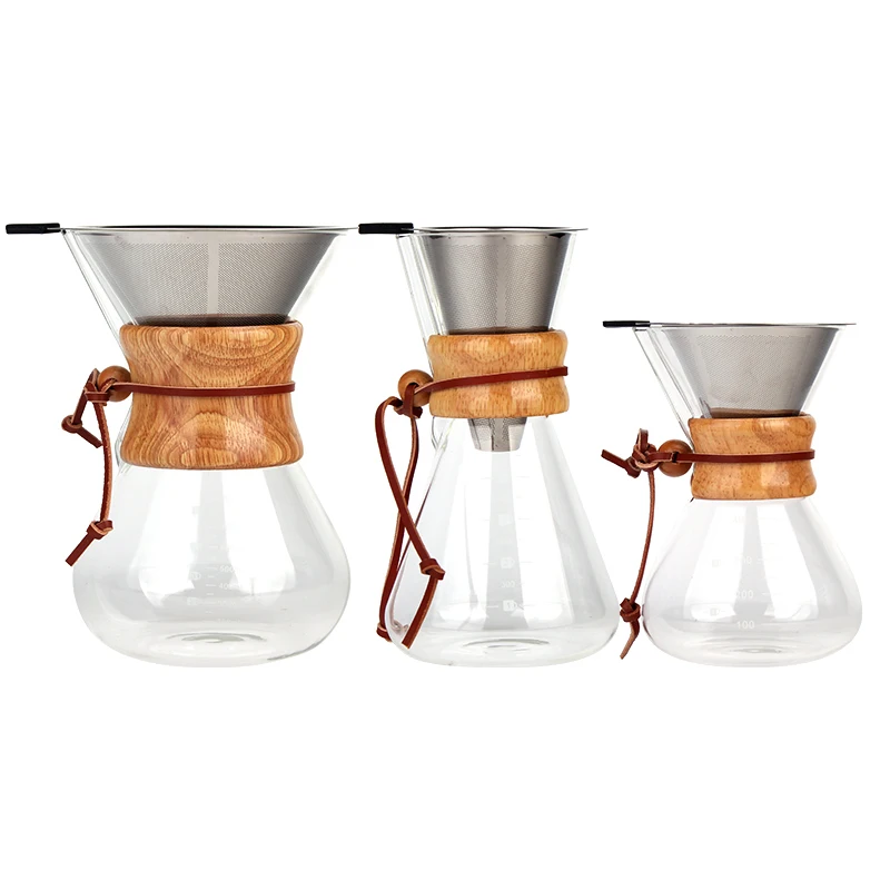 Кофеварка Pour Over, графин из боросиликатного стекла и многоразовый постоянный фильтр из нержавеющей стали с натуральным деревянным рукавом