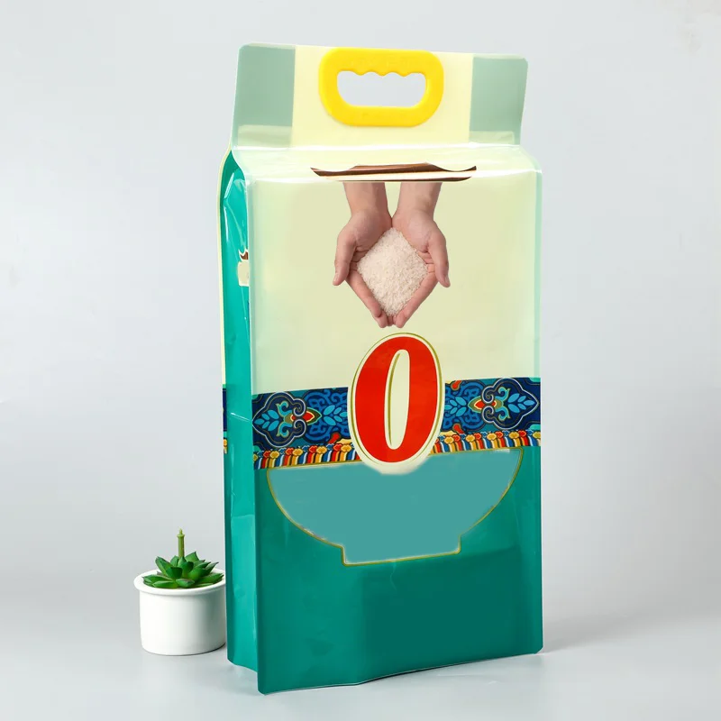 Custom Logo Design 1kg 2kg 5kg 10kg Food Grade Square Bottom Flat Bottom Pouch Window Plastic Food Packaging Plastic Rice Bags