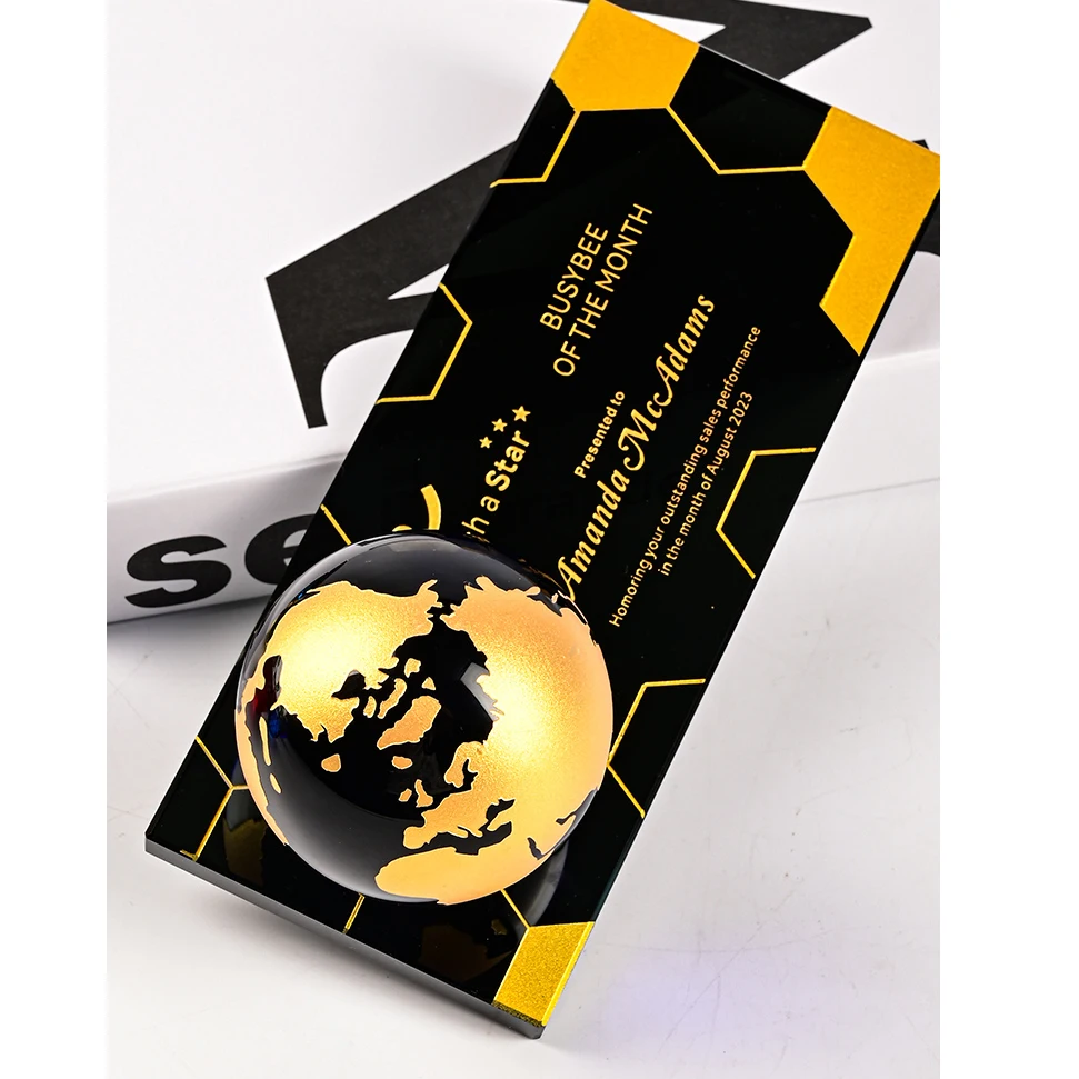 Jadevertu  K9 crystal globe ball award trofeos crystal plaque award glass plaque custom award desk decoration gift