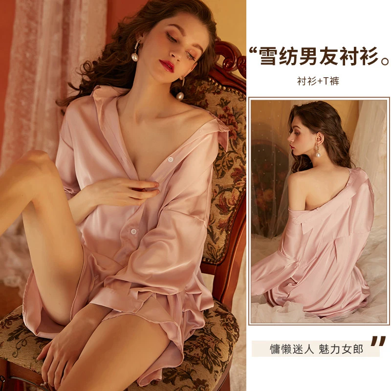 Chinese Manufactured Satin Silky Pajamas Solid Color Long Sleeves Pajamas Silk