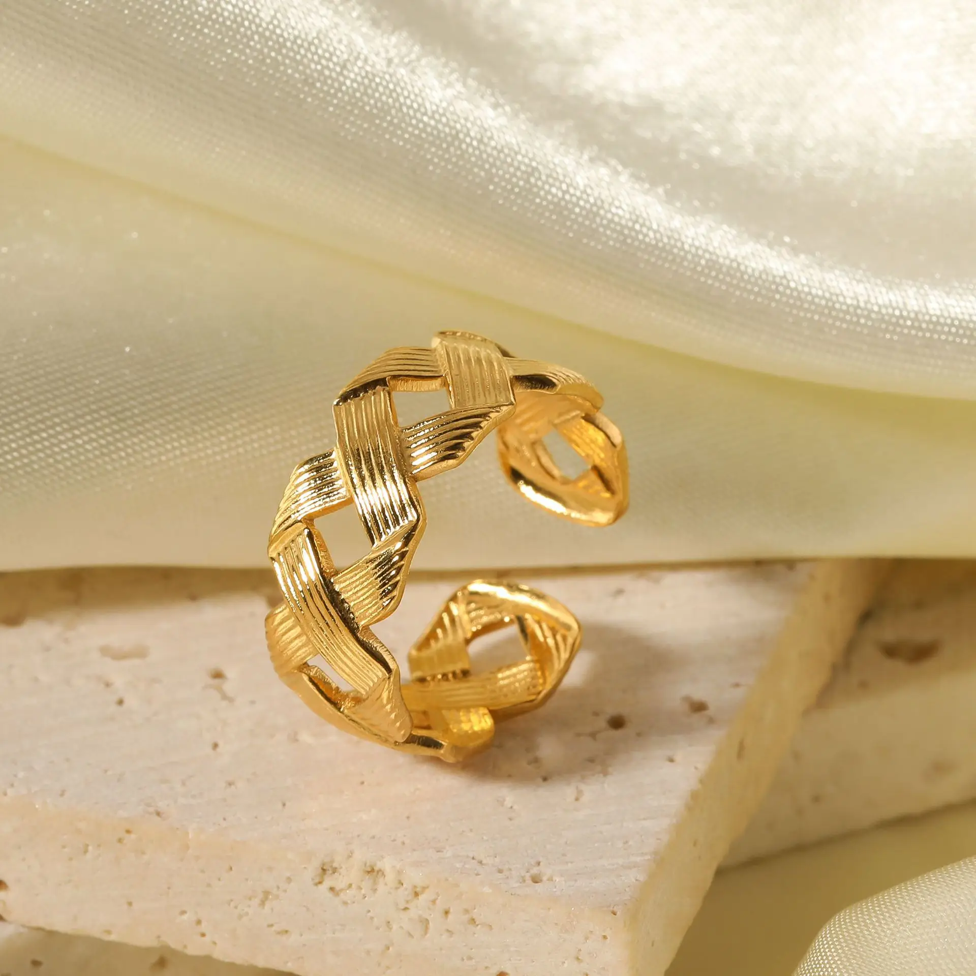 Trendy Geometric Braided Chain Cross Open Finger Ring Gold Plated Fashionable Stainless Steel Simple for Women