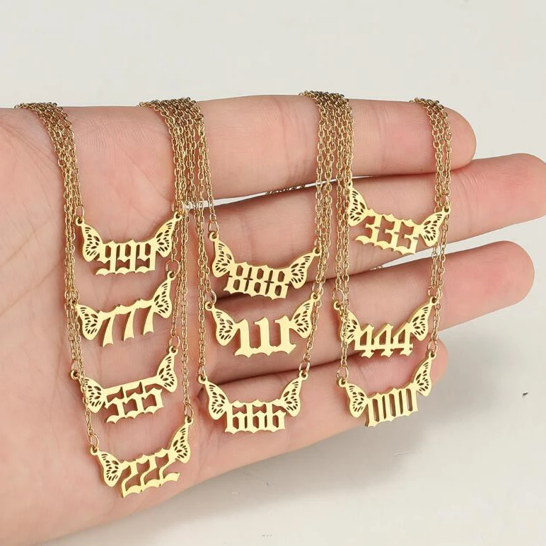 Wholesale Non Tarnish Silver 18k Gold Plated Stainless Steel Wing 000-999 Pendant Women Lucky Angel Number Necklace Jewelry