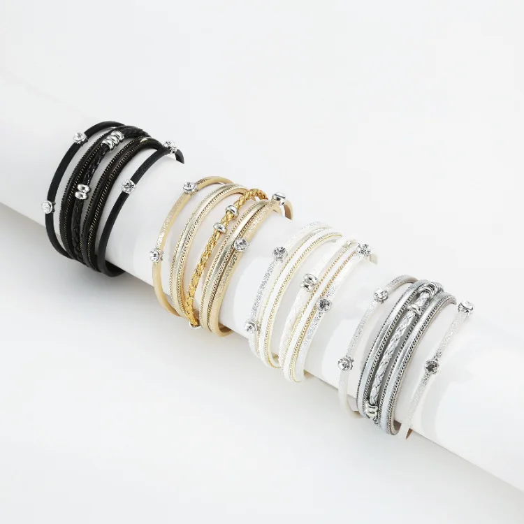 European American Women Accessories Crystal Leather Bracelet Newest Design Multi Layer Braided Rope