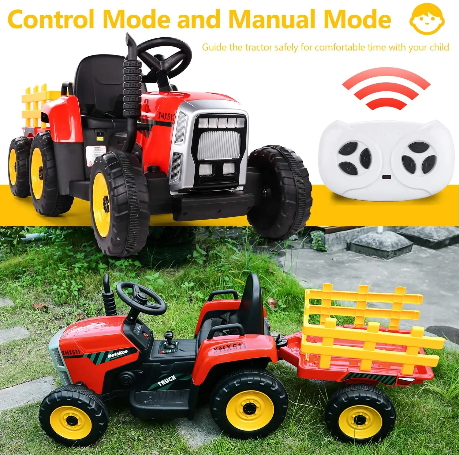 Ride on Tractor 12V7Ah, Kids Electric Car r with Remote Control Gear Shift, 7-LED Headlight, Horn Button