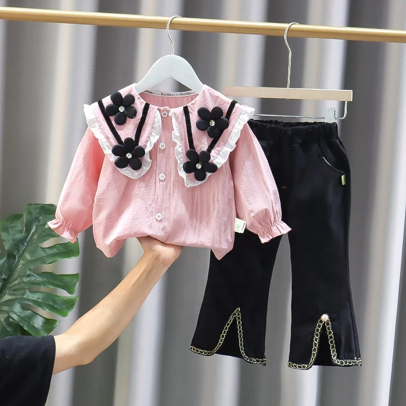 2023 Spring Autumn Baby Girls Outfit Long Sleeve Flower Doll Collar Shirt Slit Pants 2Pcs Kids Suit Wholesale Children Clothing