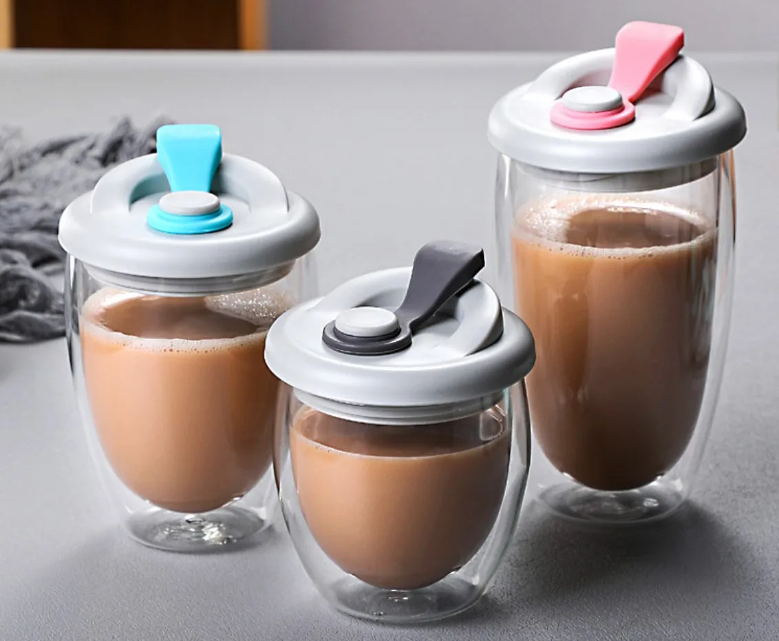 Factory wholesale Eco-Friendly Reusable To Go Take Away Double Wall Glass Cup with Colorful Lid