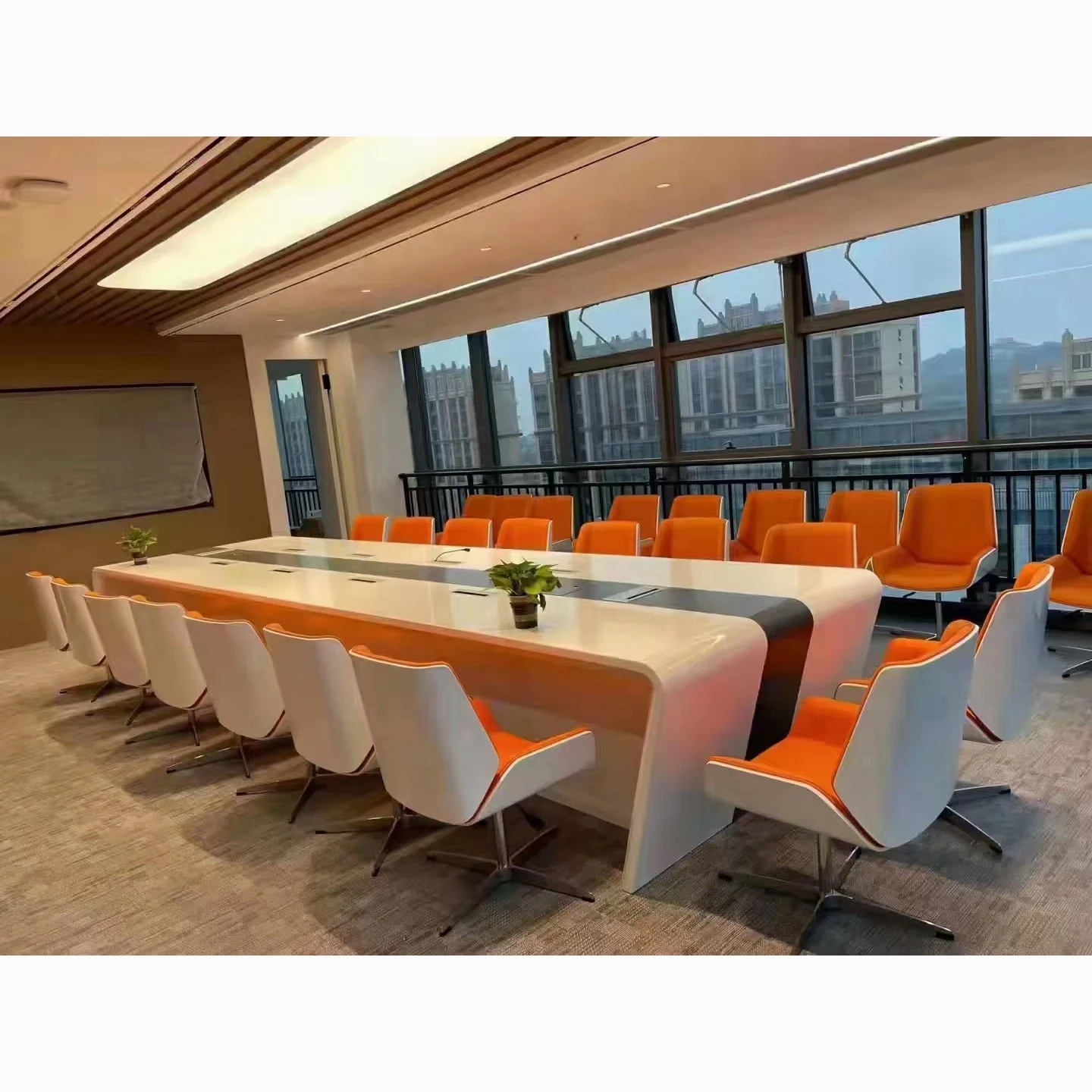 Fashionable high back white piano shell orange leather swivel office recline wheel chair