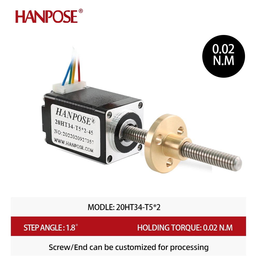 HANPOSE nema 8 stepper motor T5 screw  0.8A 0.021N.M 20HT34-T5*2 L100MM for CNC 3D printer screw trapezoid nema 8 mini motor