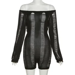 2023 Spring Women Long Sleeve Hollow Out See Through One Piece Jumpsuit Womens Rompers