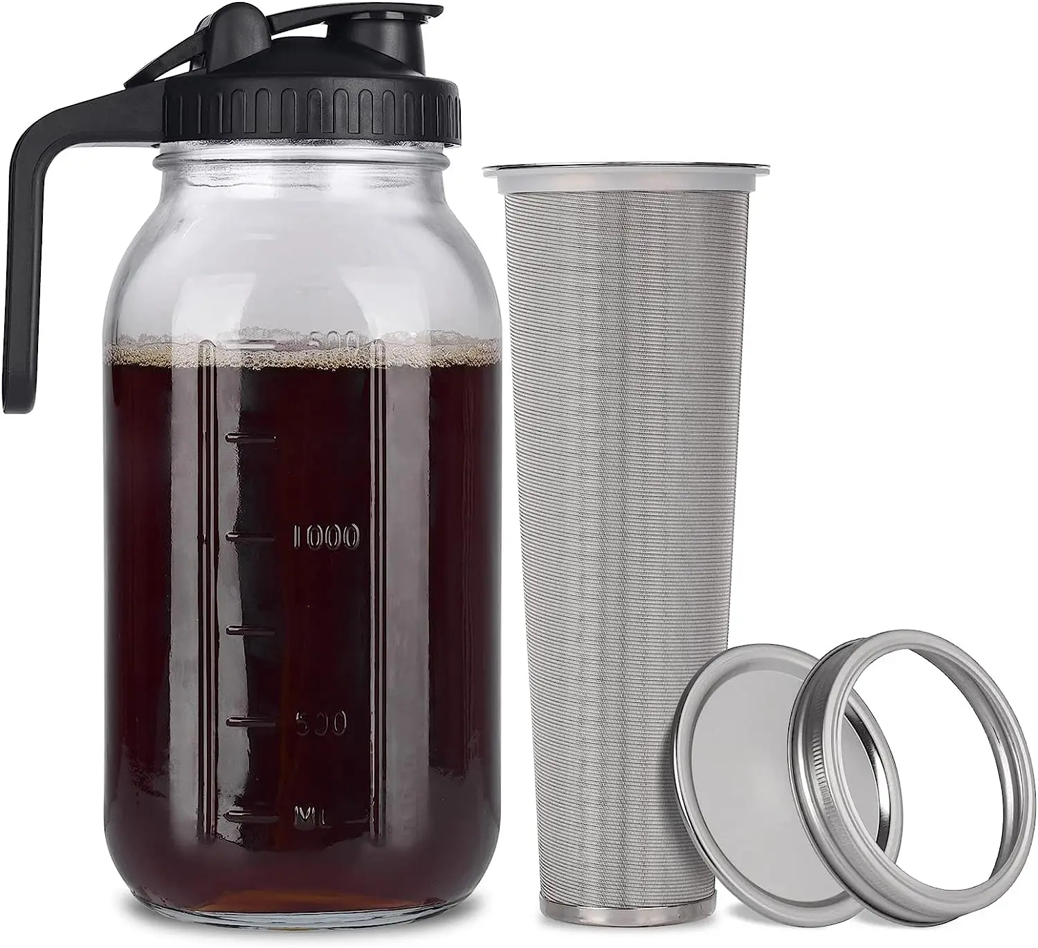 wholesale Cold Brew Coffee Maker jar 64oz Thick Glass Multipurpose Mason Pitcher Spout Lid with Stainless Steel Filter