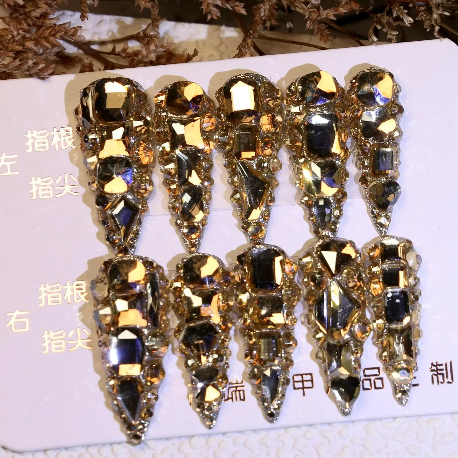 Bling Rhinestone Handmade False Custom Logo Red Acrylic Press On Nails Medium Length