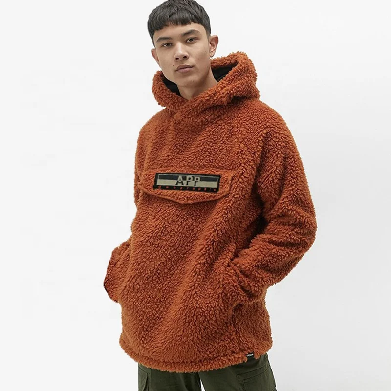 Streetwear Men Custom Logo Patch Oversized Thick Soft Teddy Warm Hoodie Sherpa Fleece Hoodie