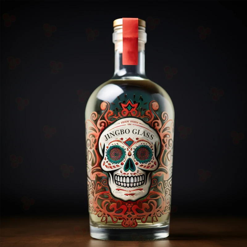 New Design Skull Calavera Shaped Glass Bottle For Tequila Whiskey Screen Printed Skull Label Covers