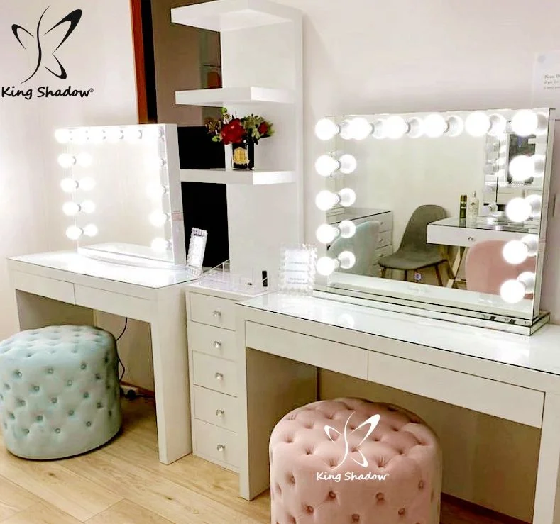 King Shadow White Makeup Mirror Stations Glass Vanity Table With Bulbs